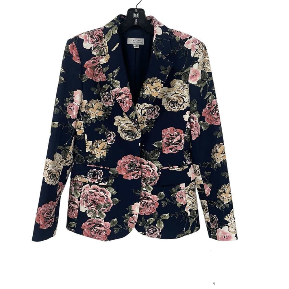 NWT Tahari ASL Floral Rose Print Button Front Blazer Jacket Navy Pink Womens 4